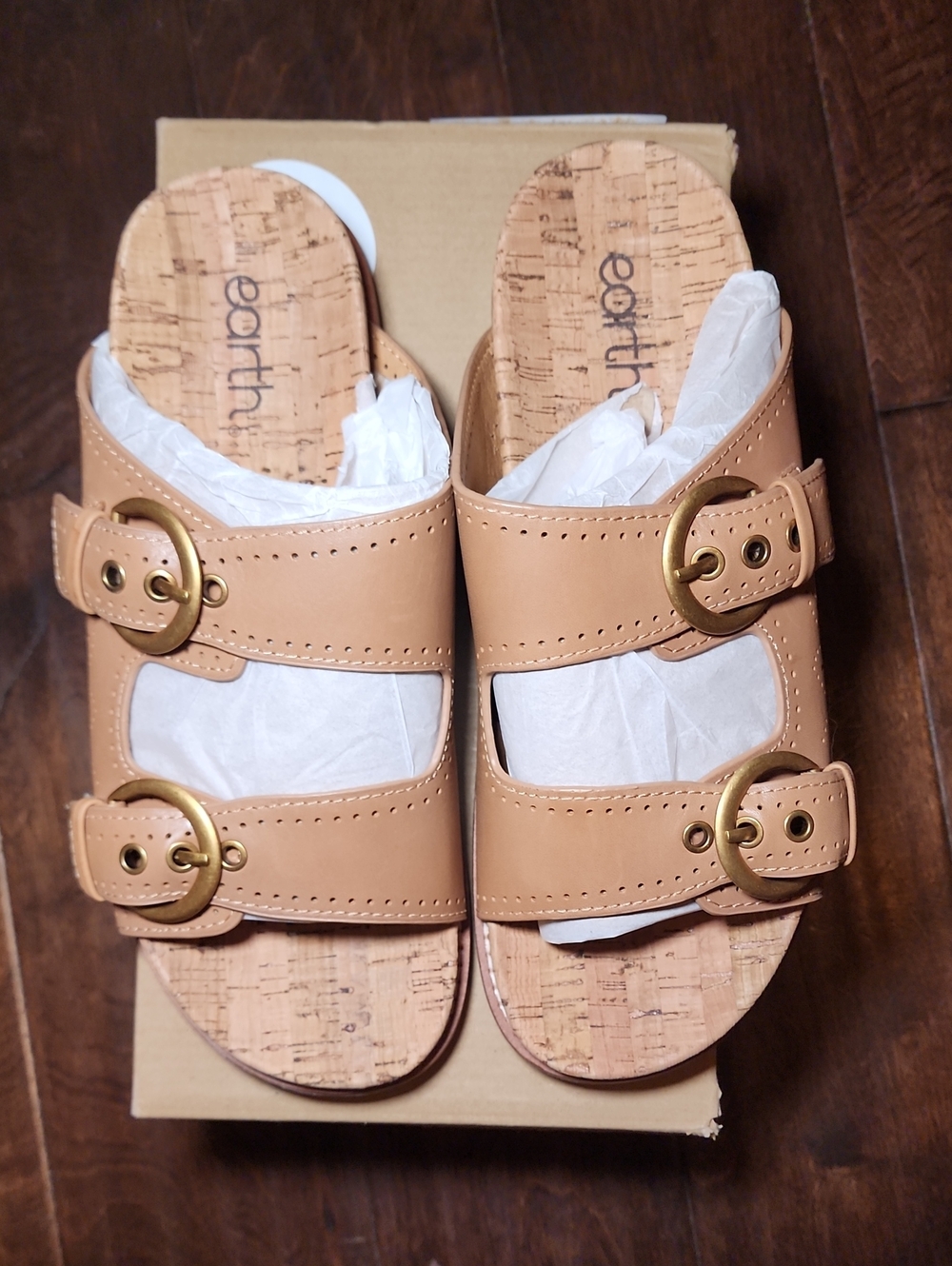 New Earth Francii Double Gold Buckle Dark Natural Slide Sandals, Sz. 9.5